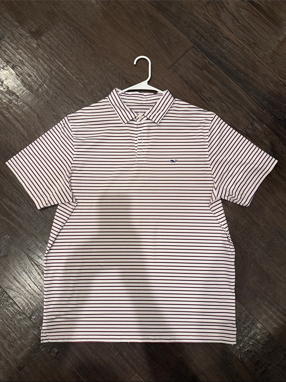 Vineyard Vines PERFORMANCE White Polo with Thin Navy Stripes and Blue Whale Logo